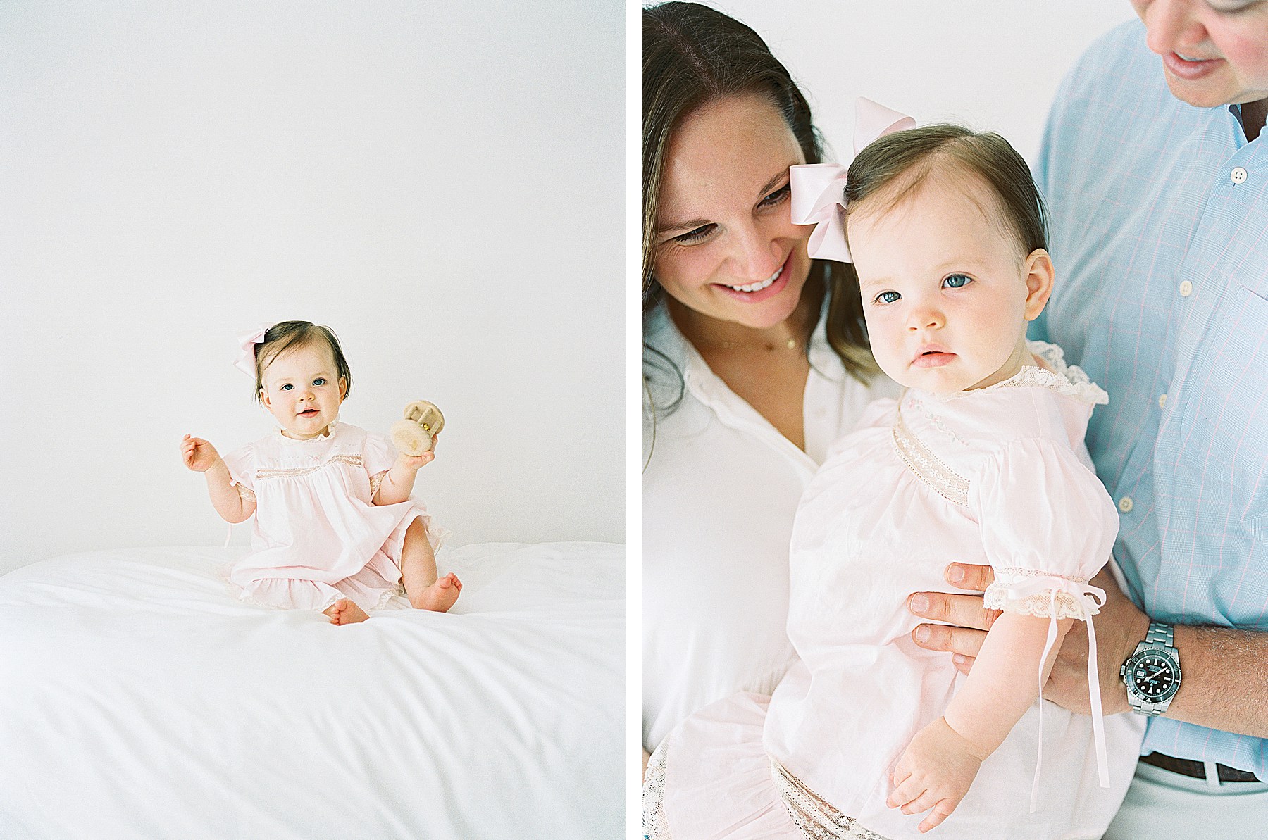 Little Rock film family photographer | one year old playing with toys being snuggled by mom and dad